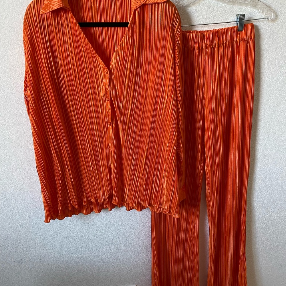 Vibrant Orange Pleated Set